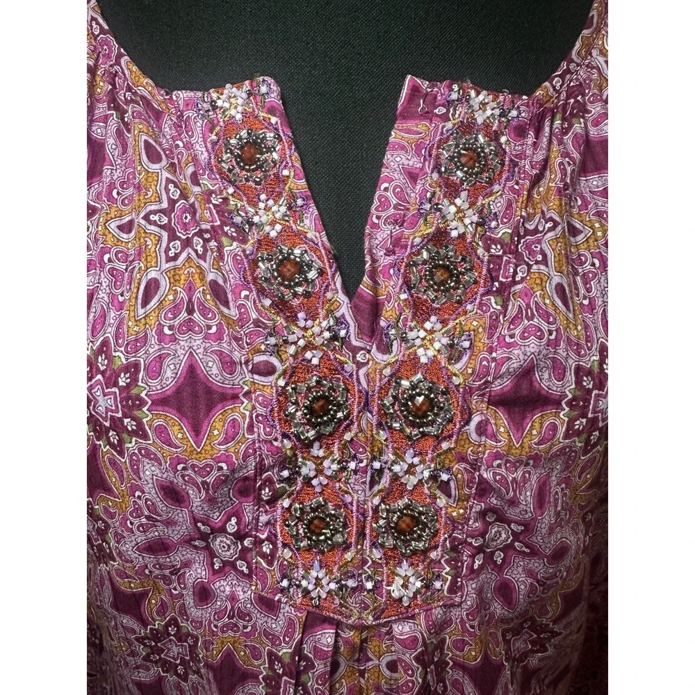 Robert Graham Women's SMALL Pink‎ Purple Beaded Embroidered Paisley Boho Blouse